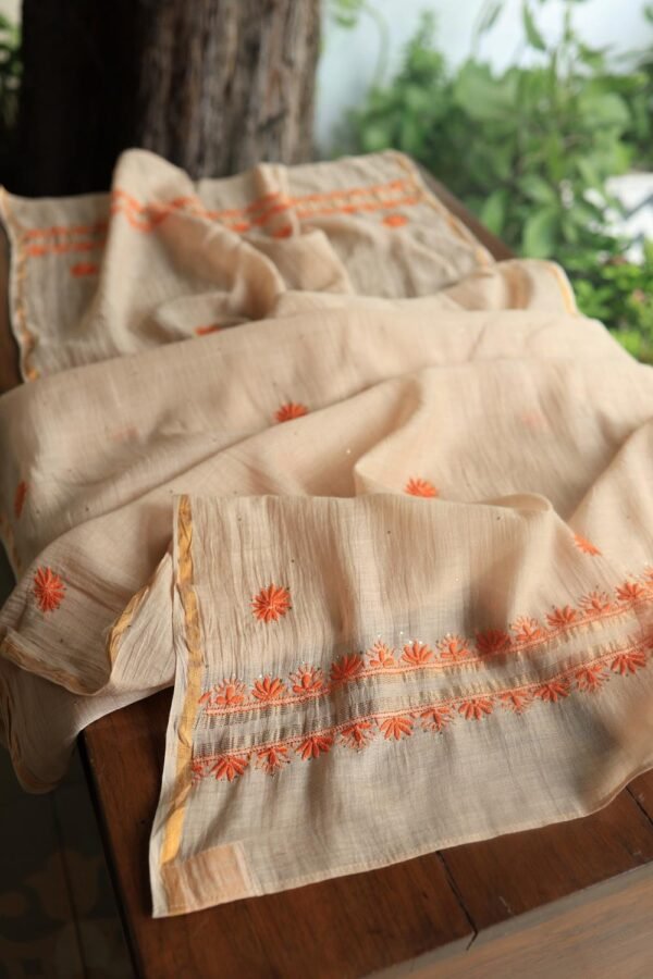 Beige Mal Chanderi Chikankari Unstitched Kurta Dupatta Fabrics With Kamdani - Image 10