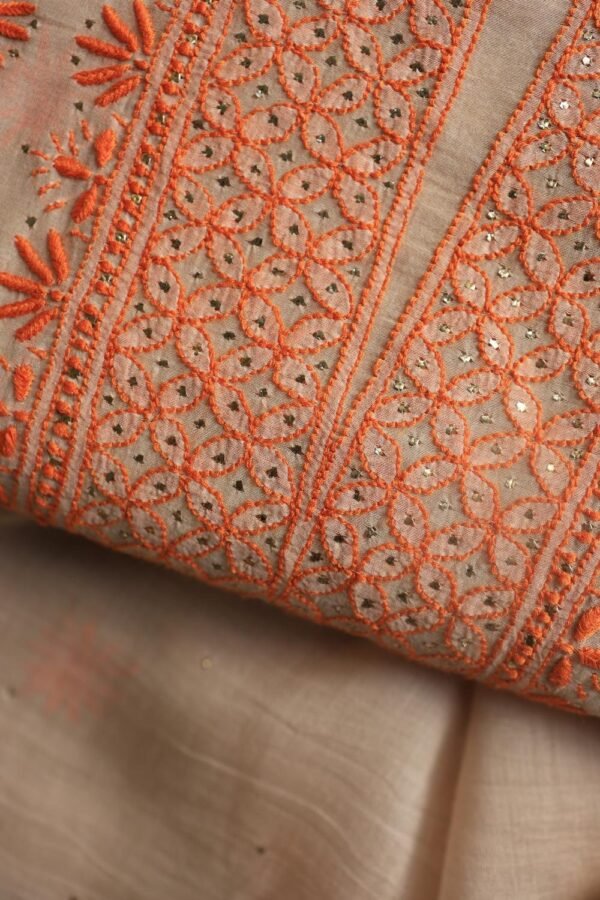 Beige Mal Chanderi Chikankari Unstitched Kurta Dupatta Fabrics With Kamdani - Image 2