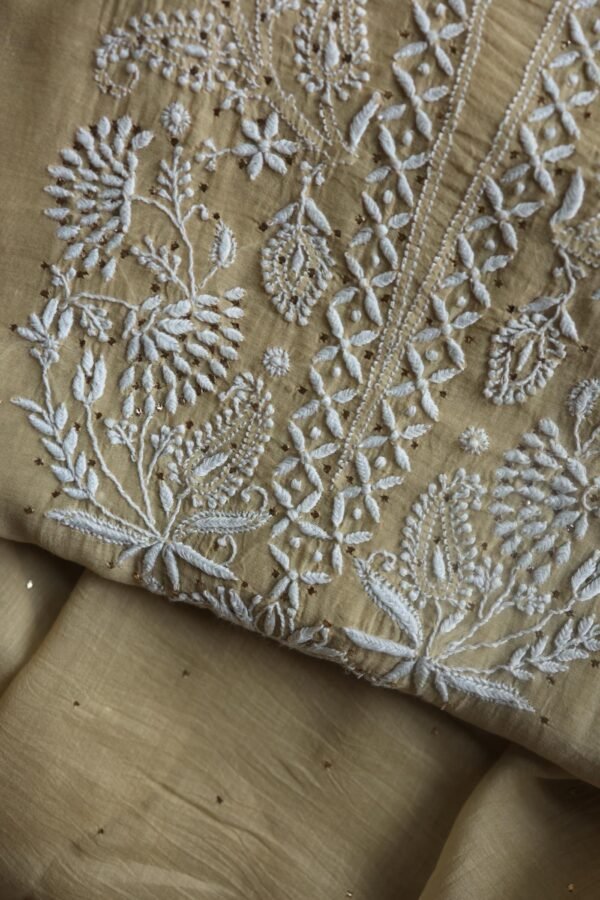 Beige Mal Cotton Chikankari Unstitched Kurta Dupatta Fabrics With Kamdani - Image 12