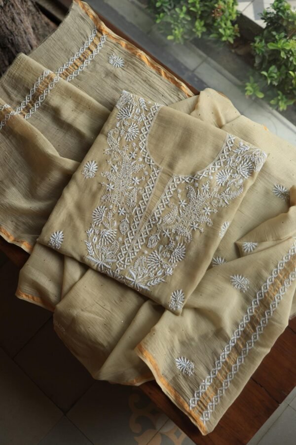 Beige Mal Cotton Chikankari Unstitched Kurta Dupatta Fabrics With Kamdani - Image 13
