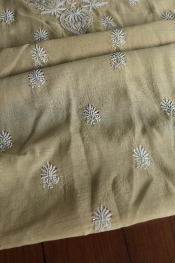 Beige Mal Cotton Chikankari Unstitched Kurta Dupatta Fabrics With Kamdani - Image 4