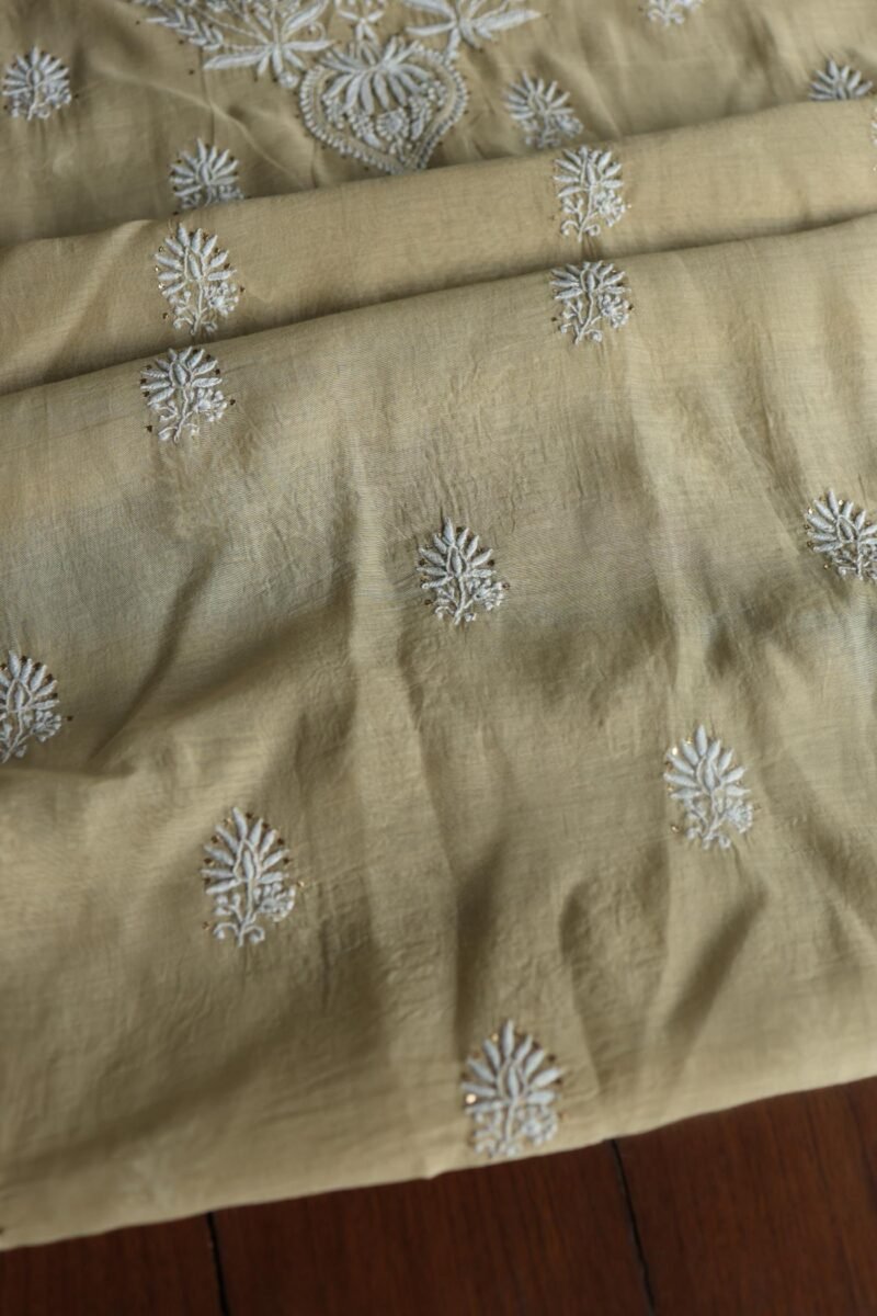 Beige Mal Cotton Chikankari Unstitched Kurta Dupatta Fabrics With Kamdani