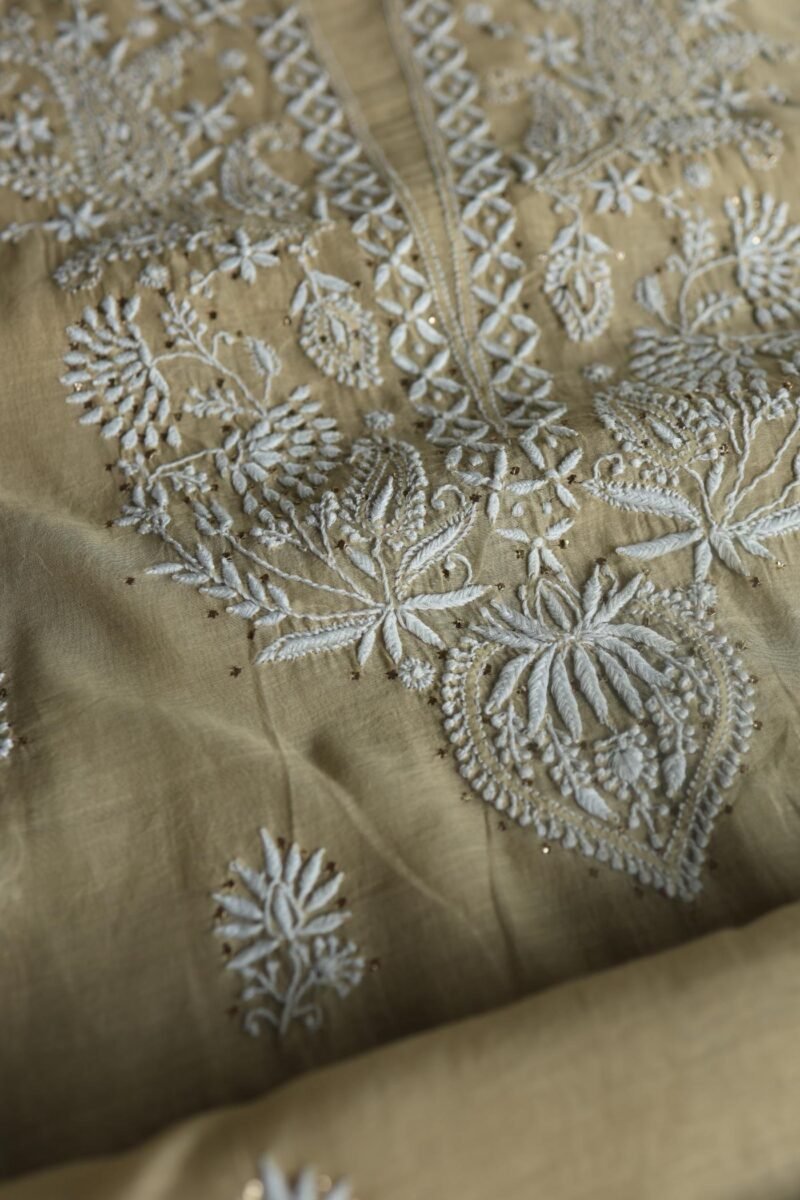 Beige Mal Cotton Chikankari Unstitched Kurta Dupatta Fabrics With Kamdani