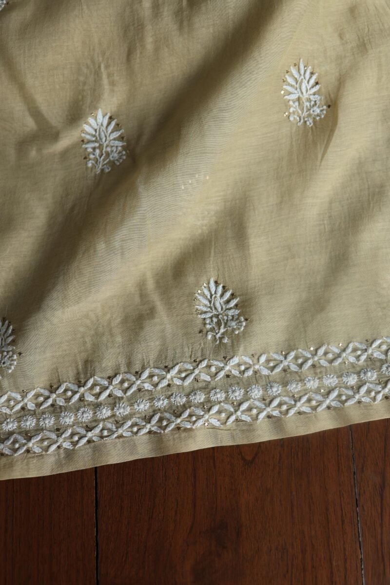 Beige Mal Cotton Chikankari Unstitched Kurta Dupatta Fabrics With Kamdani