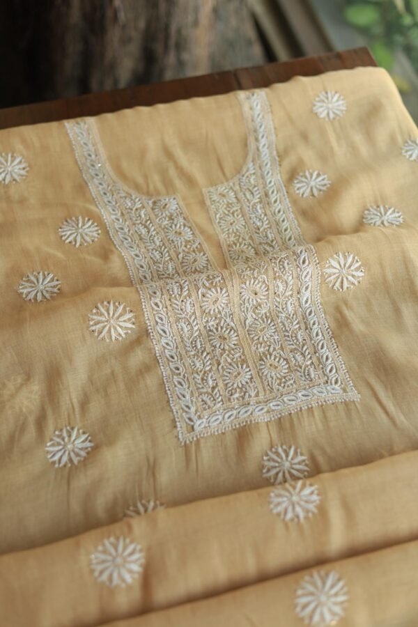 Beige Mal Cotton Chikankari Unstitched Kurta Dupatta Fabrics With Kamdani - Image 7