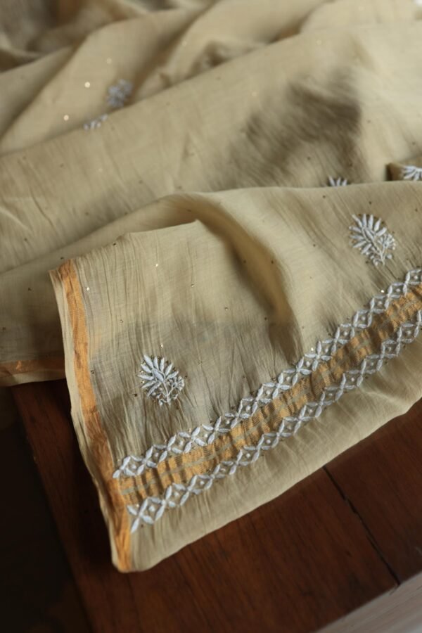 Beige Mal Cotton Chikankari Unstitched Kurta Dupatta Fabrics With Kamdani - Image 9