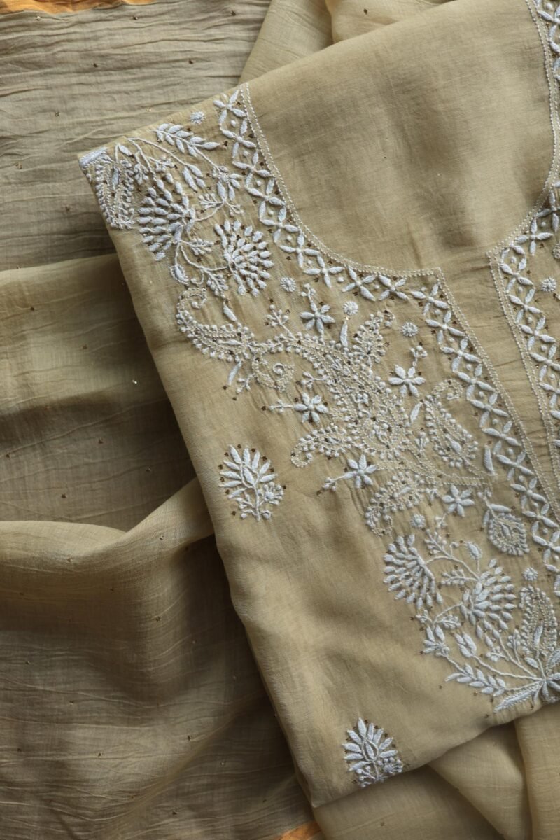 Beige Mal Cotton Chikankari Unstitched Kurta Dupatta Fabrics With Kamdani