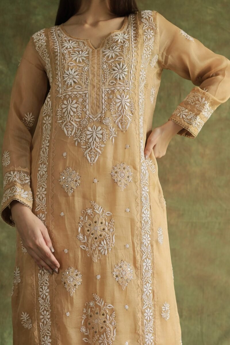 Beige Noor Organza Applique Chikankari Mukaish Kurta Dupatta Set