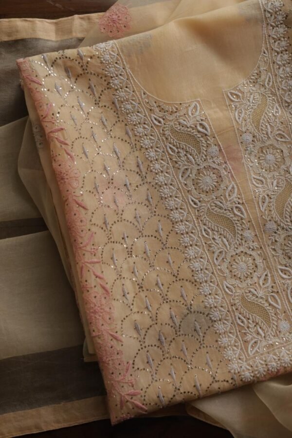Beige Noor Organza Silk Chikankari With Mukaish Kamdani Fabric - Image 2