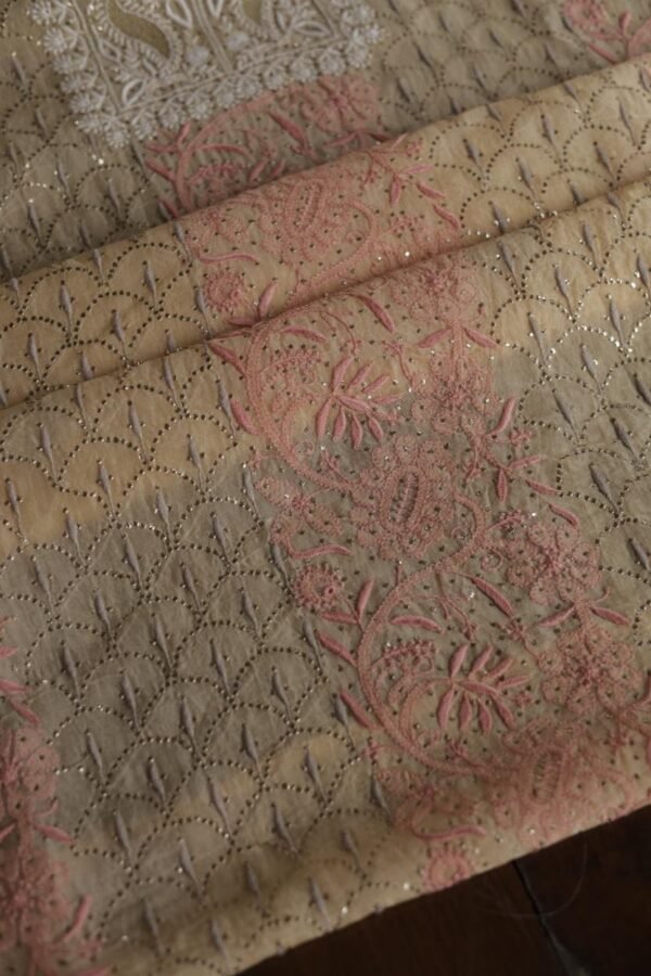Beige Noor Organza Silk Chikankari With Mukaish Kamdani Fabric - Image 7