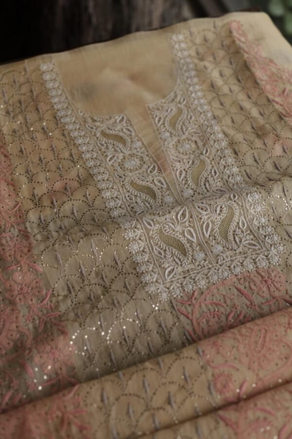 Beige Noor Organza Silk Chikankari With Mukaish Kamdani Fabric - Image 8