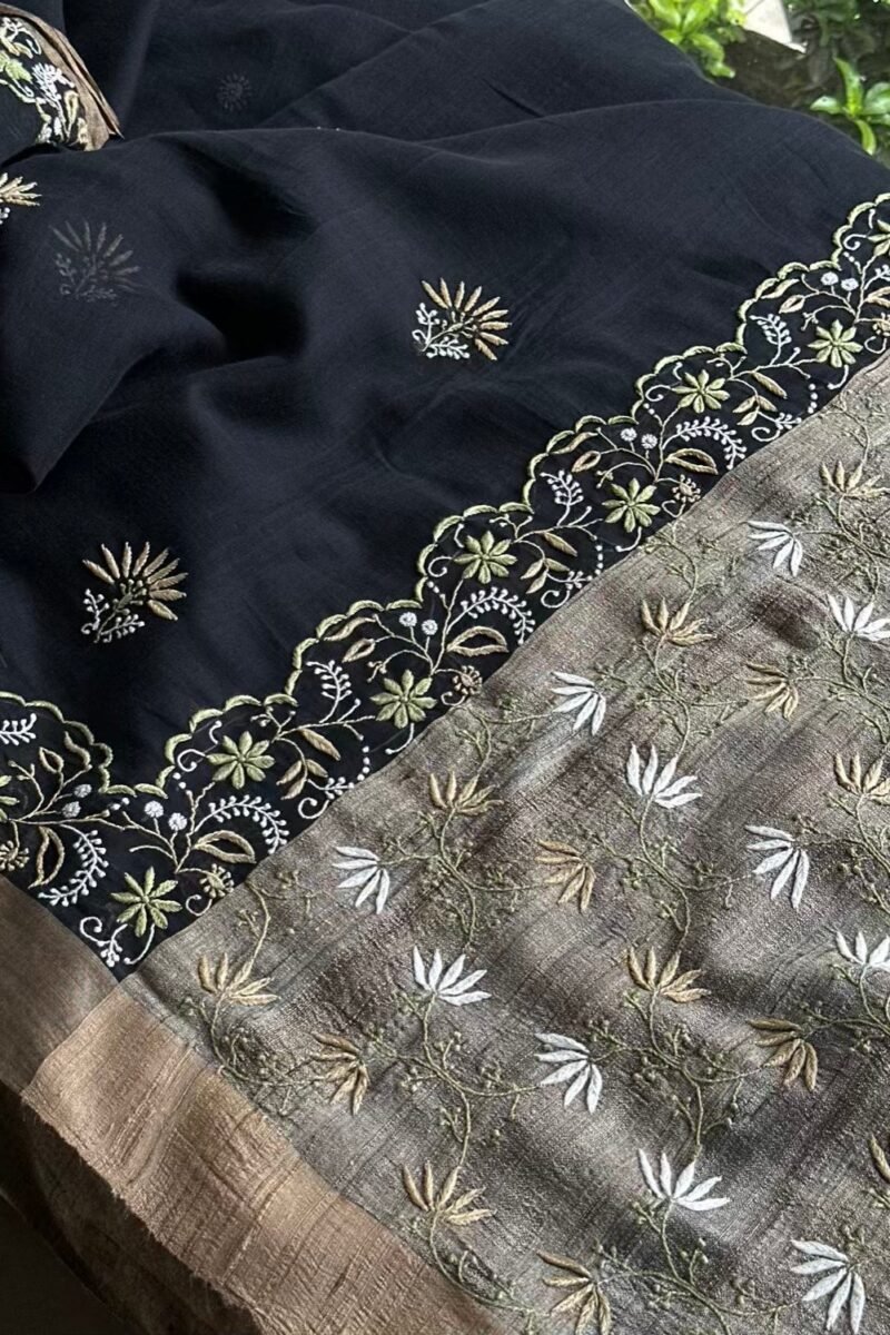 Black Silk Gheecha Palla Kota Chikankari Saree