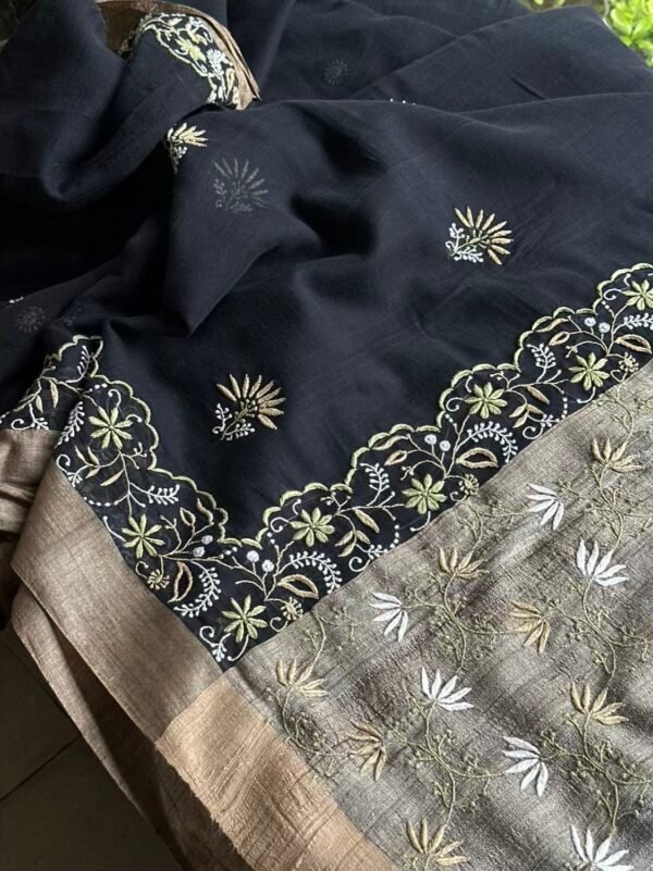 Black Silk Gheecha Palla Kota Chikankari Saree - Image 5