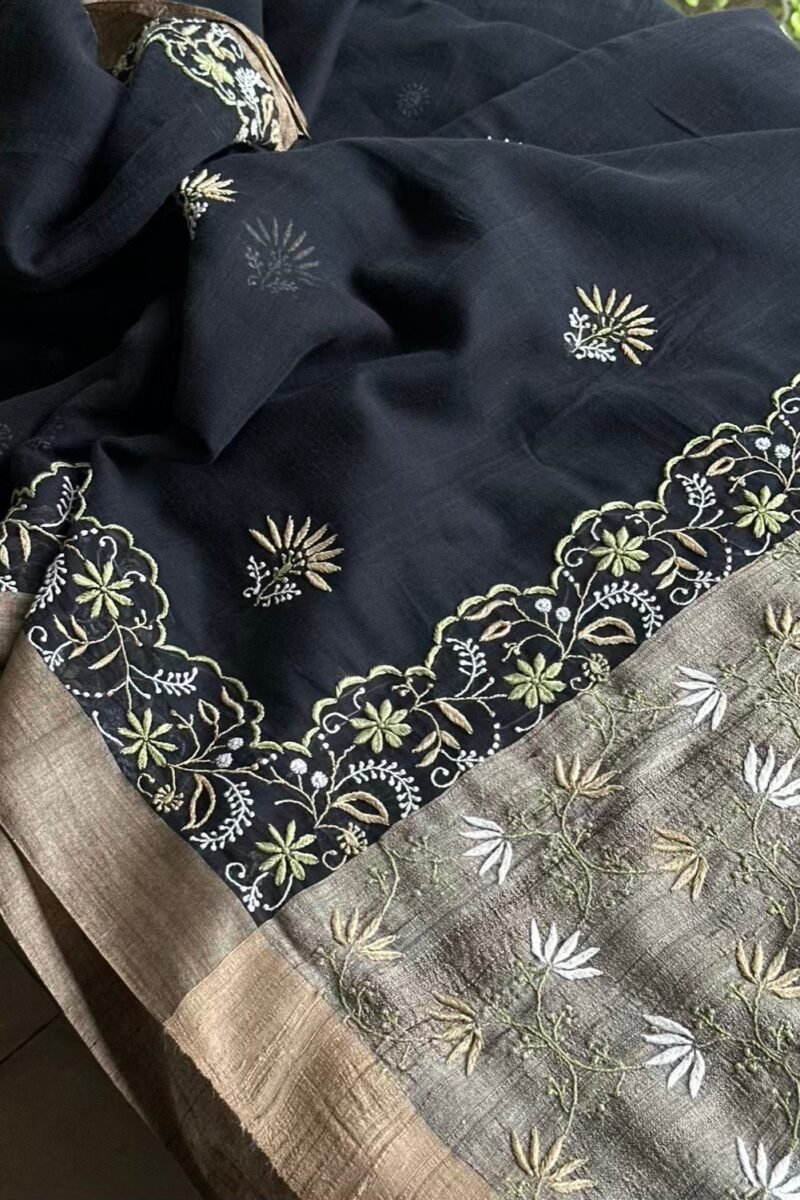 Black Silk Gheecha Palla Kota Chikankari Saree
