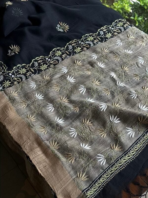 Black Silk Gheecha Palla Kota Chikankari Saree