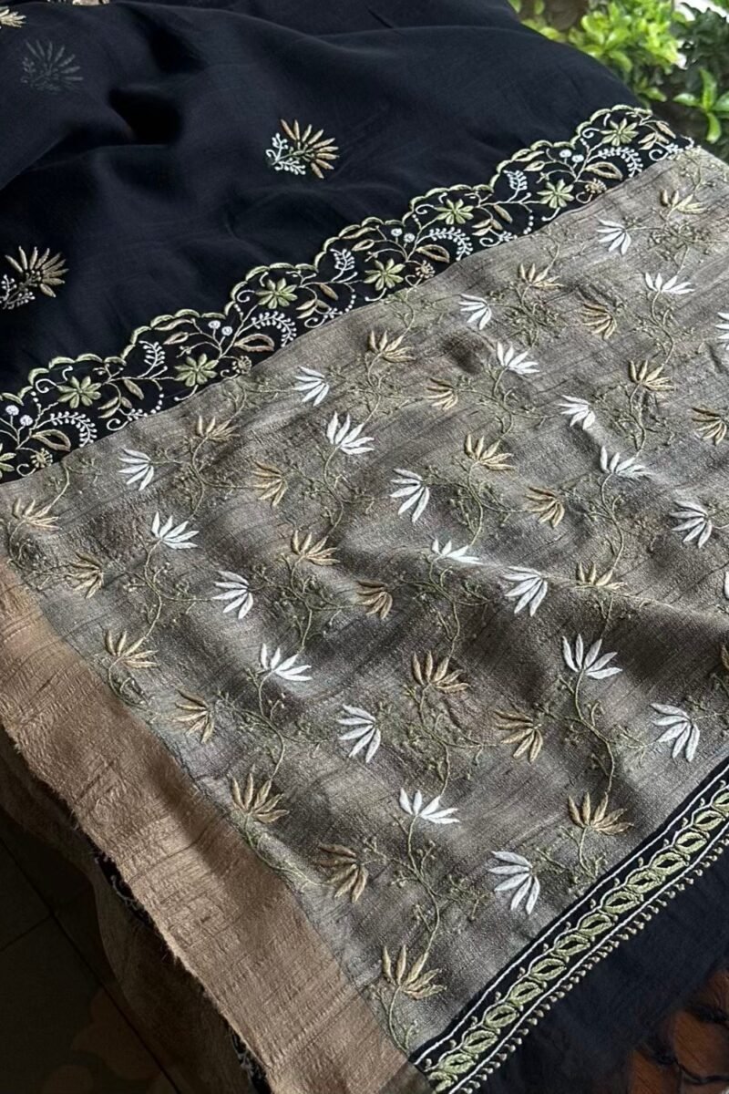 Black Silk Gheecha Palla Kota Chikankari Saree