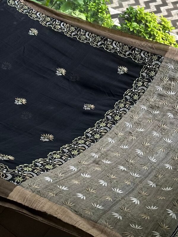 Black Silk Gheecha Palla Kota Chikankari Saree - Image 6
