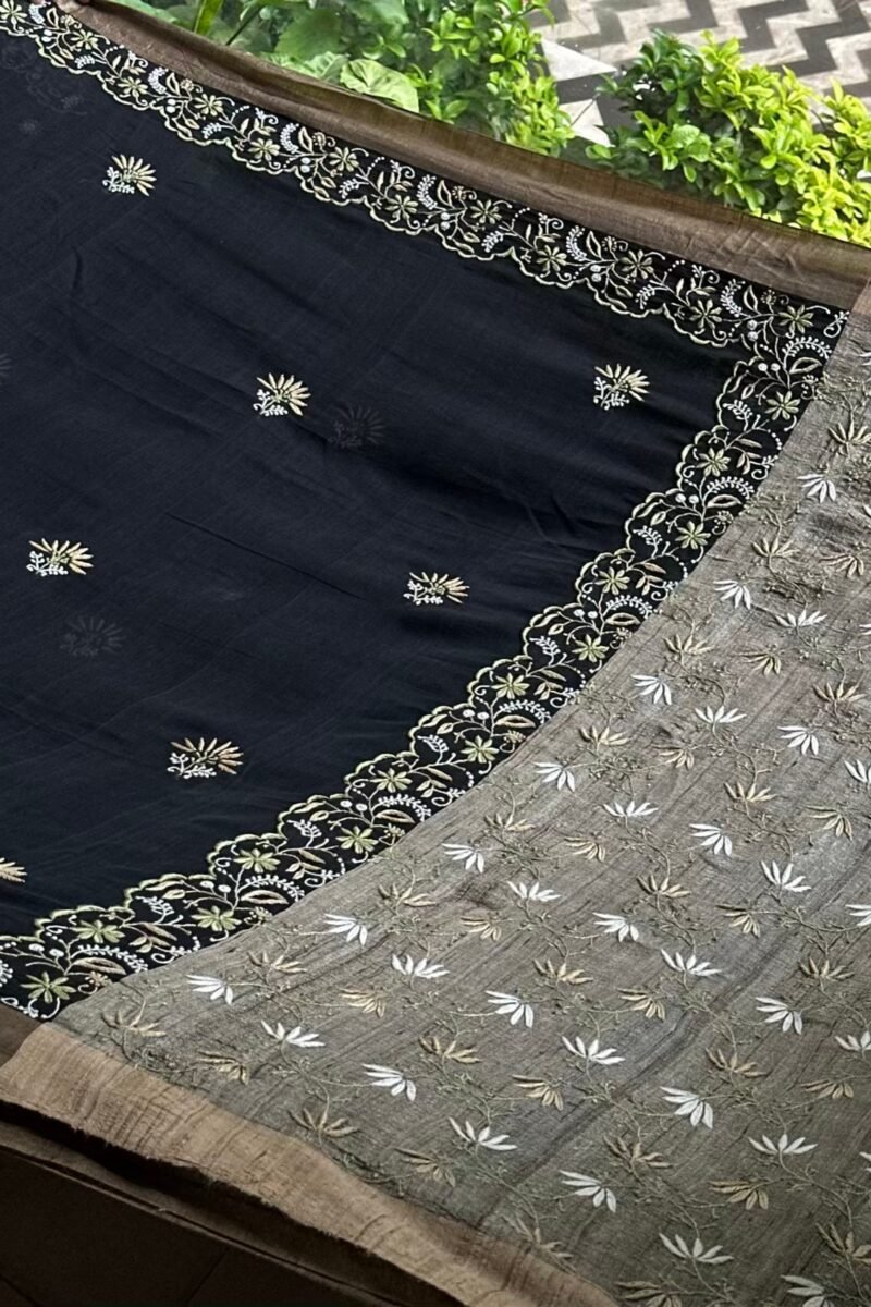 Black Silk Gheecha Palla Kota Chikankari Saree