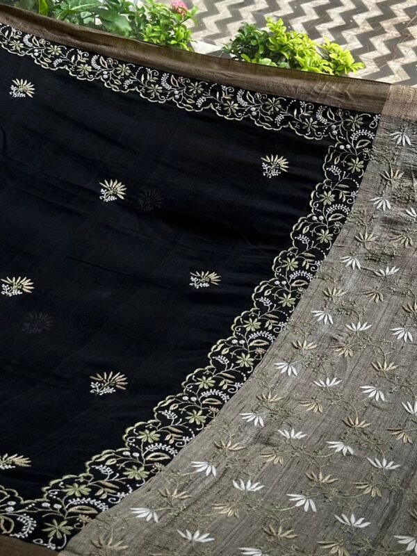 Black Silk Gheecha Palla Kota Chikankari Saree - Image 7
