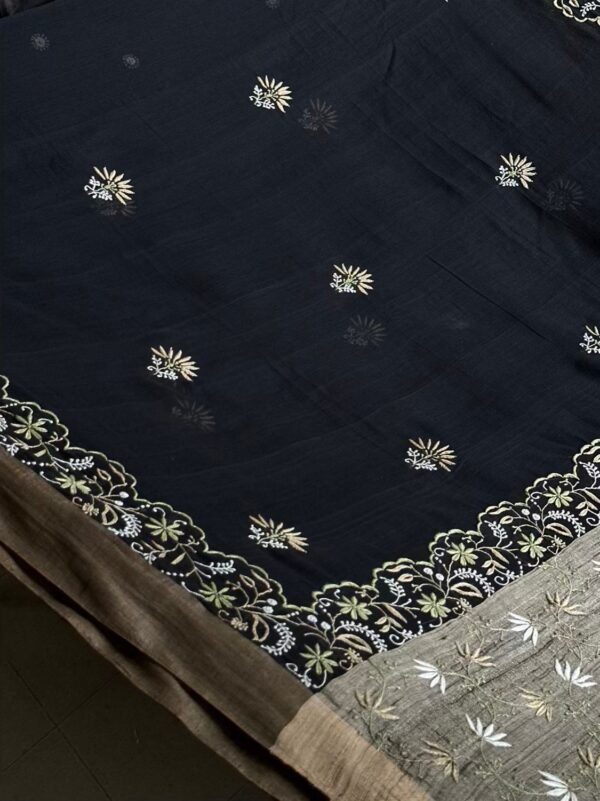 Black Silk Gheecha Palla Kota Chikankari Saree - Image 8