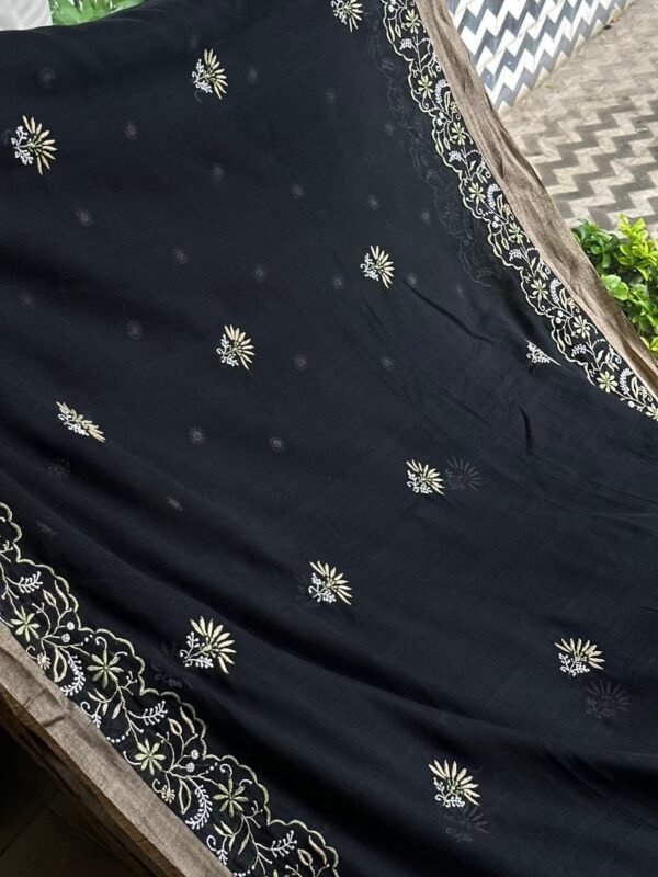 Black Silk Gheecha Palla Kota Chikankari Saree - Image 2