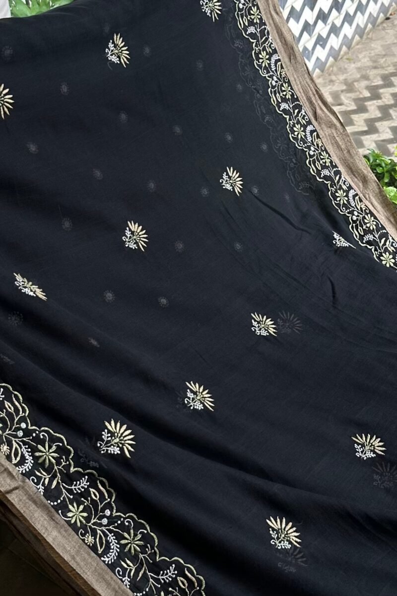 Black Silk Gheecha Palla Kota Chikankari Saree