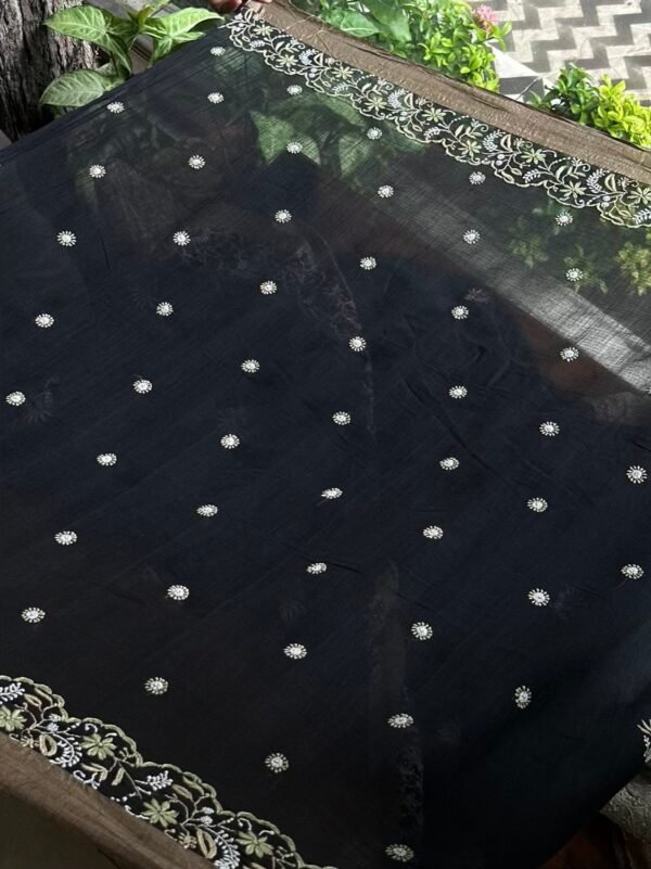 Black Silk Gheecha Palla Kota Chikankari Saree - Image 10