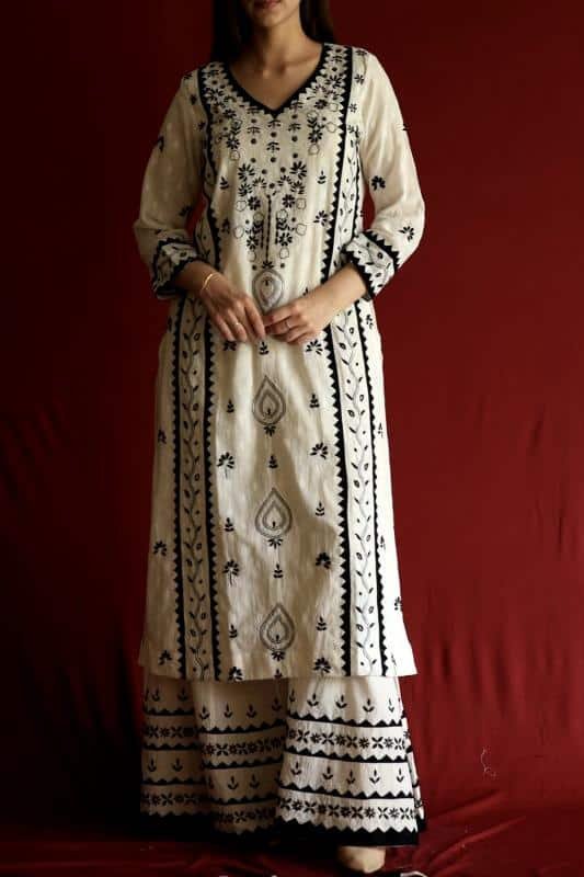 Black & White Applique Work With Fine Chikankari Ready to Wear Kurta