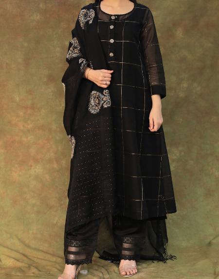 Black Zari Kota Ready to Wear Kurta Set