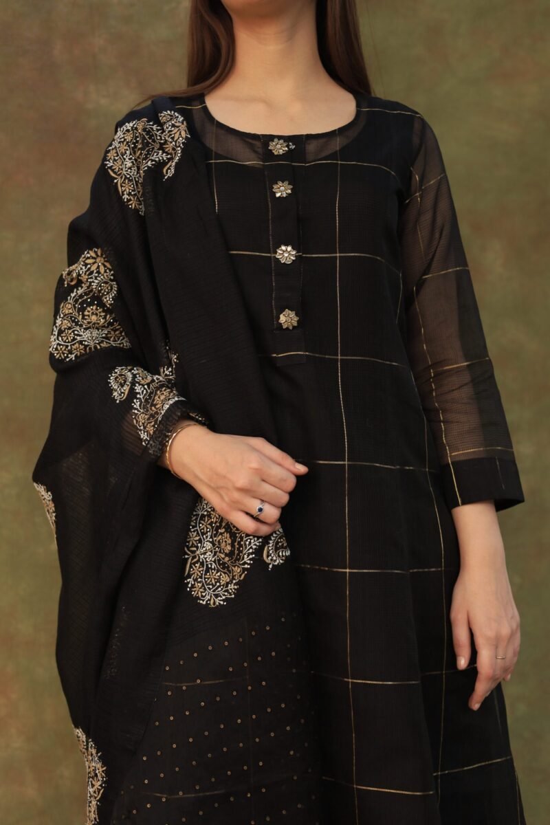 Black Zari Kota Ready to Wear Kurta Set