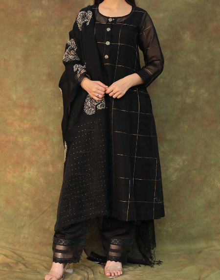 Black Zari Kota Ready to Wear Kurta Set