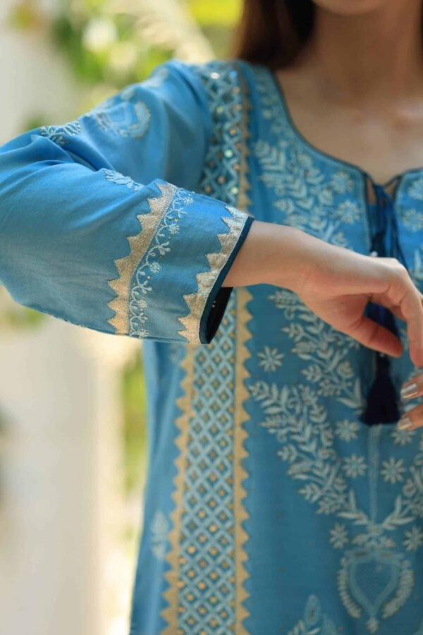 Chanderi Daraz Applique Chikankari Mukaish Kurta Dupatta Set - Image 7