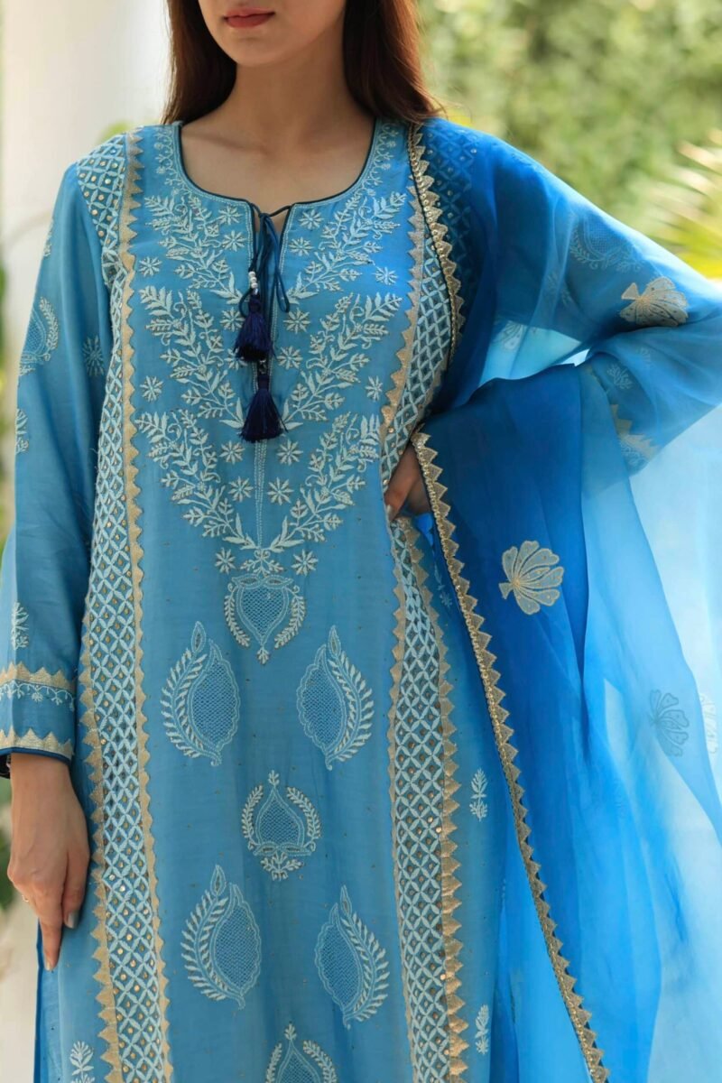 Chanderi Daraz Applique Chikankari Mukaish Kurta Dupatta Set