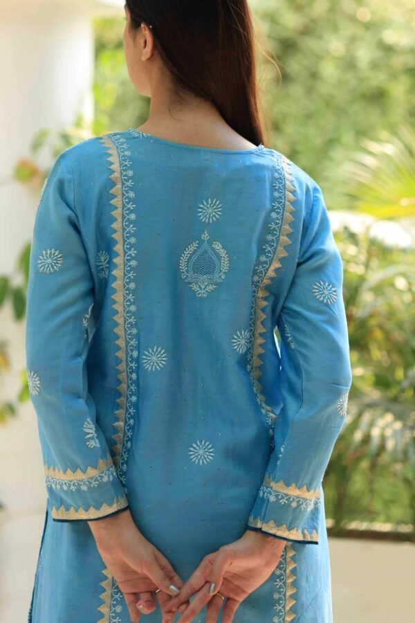 Chanderi Daraz Applique Chikankari Mukaish Kurta Dupatta Set - Image 2