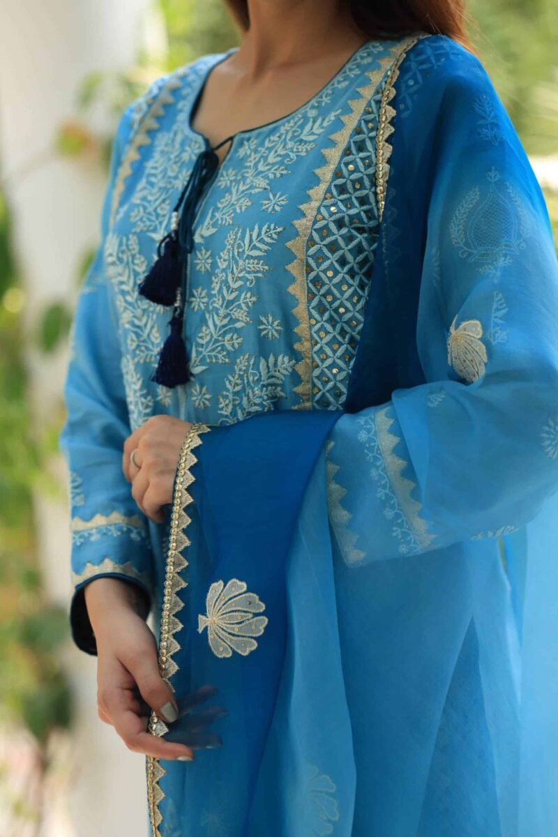 Chanderi Daraz Applique Chikankari Mukaish Kurta Dupatta Set