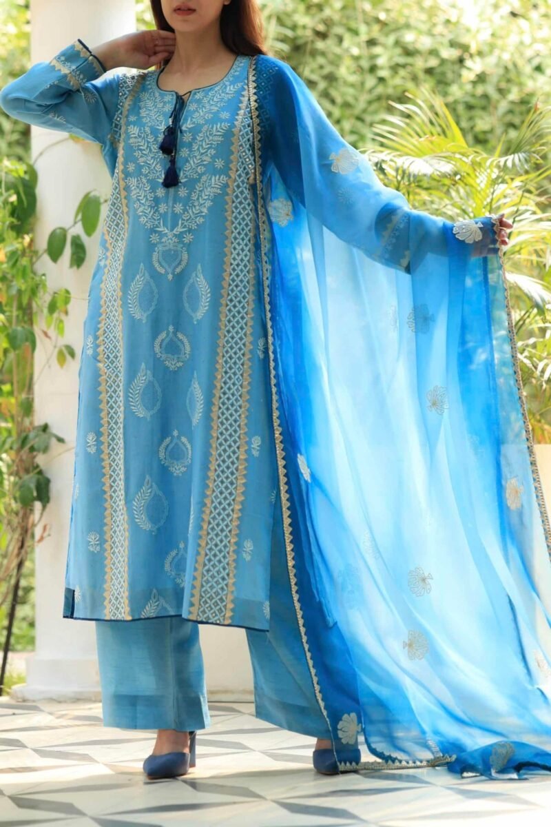 Chanderi Daraz Applique Chikankari Mukaish Kurta Dupatta Set