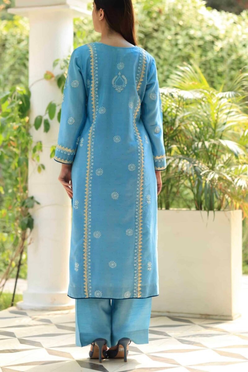 Chanderi Daraz Applique Chikankari Mukaish Kurta Dupatta Set