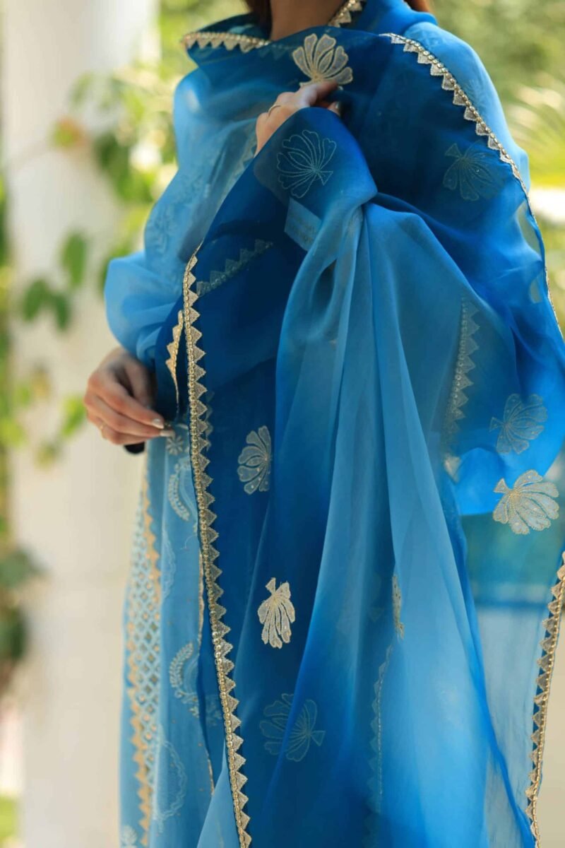 Chanderi Daraz Applique Chikankari Mukaish Kurta Dupatta Set