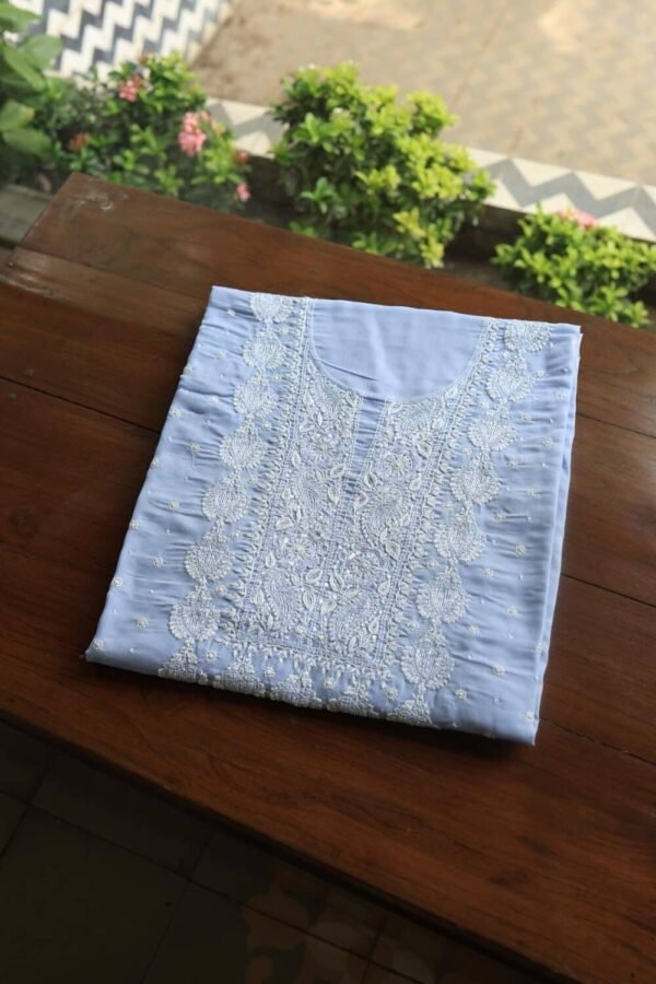 Powder Blue Cotton Chikankari Unstitched Kurta Fabrics - Image 5