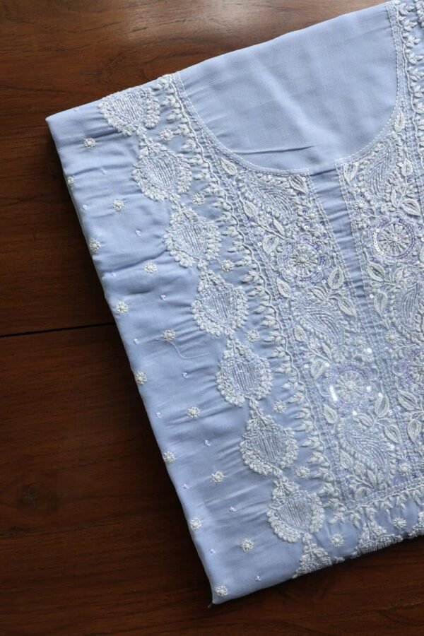Powder Blue Cotton Chikankari Unstitched Kurta Fabrics - Image 6