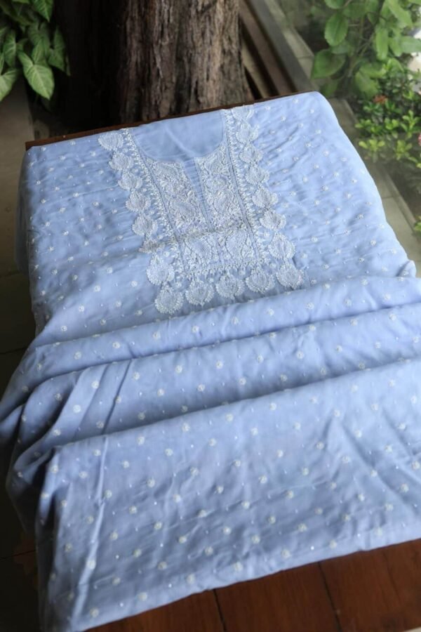 Powder Blue Cotton Chikankari Unstitched Kurta Fabrics - Image 7