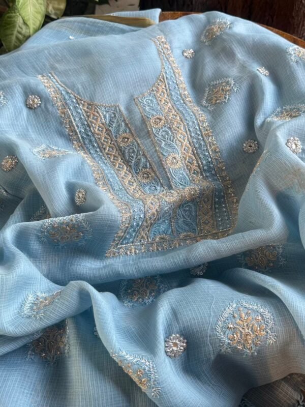 Blue Handloom Kota Chikankari With Mirror Work Unstitched Kurta Dupatta Set - Image 4