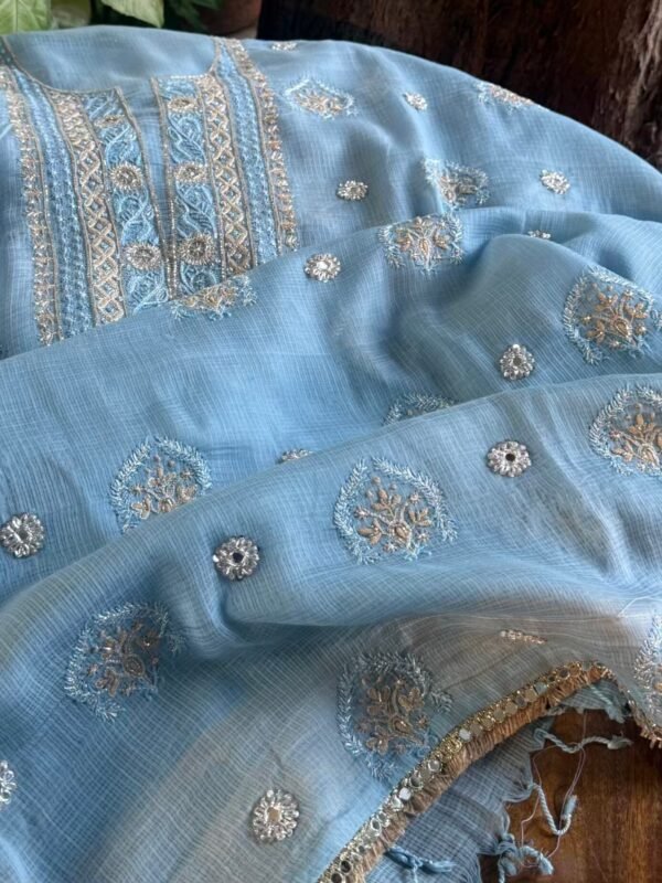 Blue Handloom Kota Chikankari With Mirror Work Unstitched Kurta Dupatta Set - Image 6