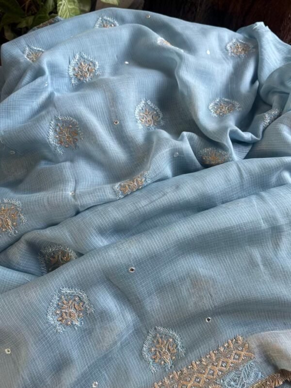 Blue Handloom Kota Chikankari With Mirror Work Unstitched Kurta Dupatta Set - Image 7