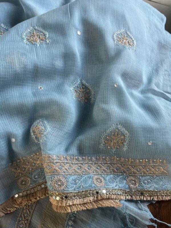 Blue Handloom Kota Chikankari With Mirror Work Unstitched Kurta Dupatta Set - Image 8