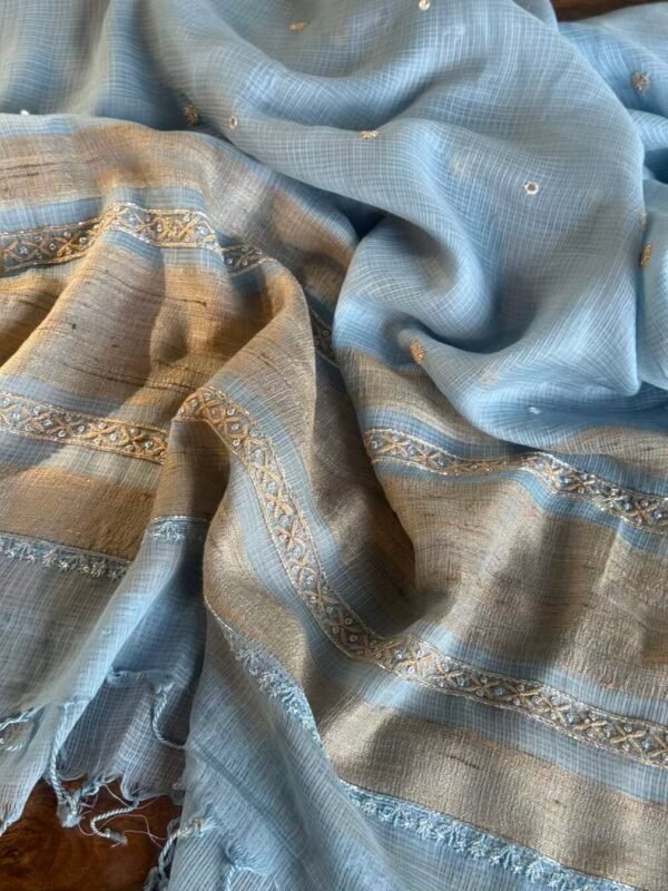 Blue Handloom Kota Chikankari With Mirror Work Unstitched Kurta Dupatta Set - Image 9