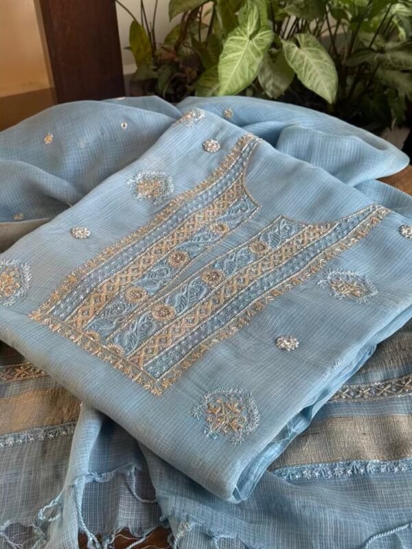Blue Handloom Kota Chikankari With Mirror Work Unstitched Kurta Dupatta Set - Image 2