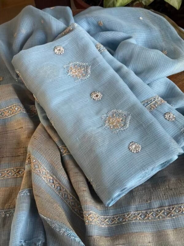 Blue Handloom Kota Chikankari With Mirror Work Unstitched Kurta Dupatta Set - Image 10