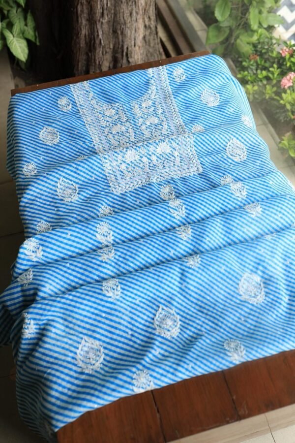 Blue Kota Cotton Chikankari Unstitched Kurta Fabrics - Image 3