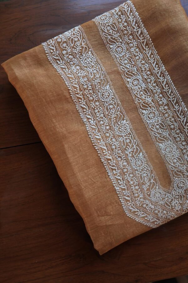 Orange Linen Chikankari Unstitched Men's Kurta Fabric - Image 5